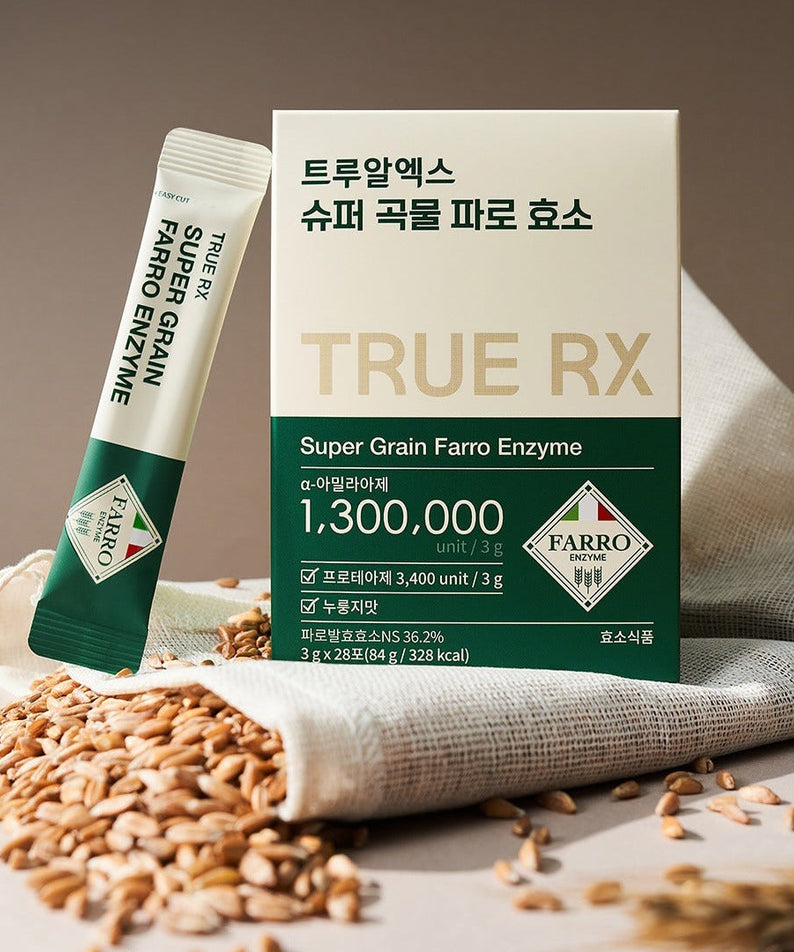 TRUE RX Super Grain Farro Enzyme 28 Packets product packaging with grain and packet displayed.