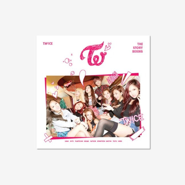Cover of TWICE THE STORY BEGINS 1st Mini Album featuring the group members on a colorful background.
