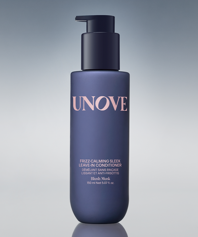 UNOVE Frizz Calming Sleek Leave-In Conditioner 150ml bottle on display.