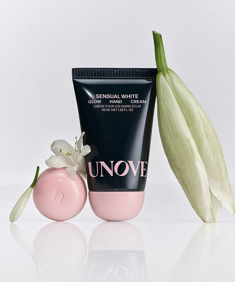 UNOVE Glow Hand Cream 40ml with lily flower, luxurious skincare product.
