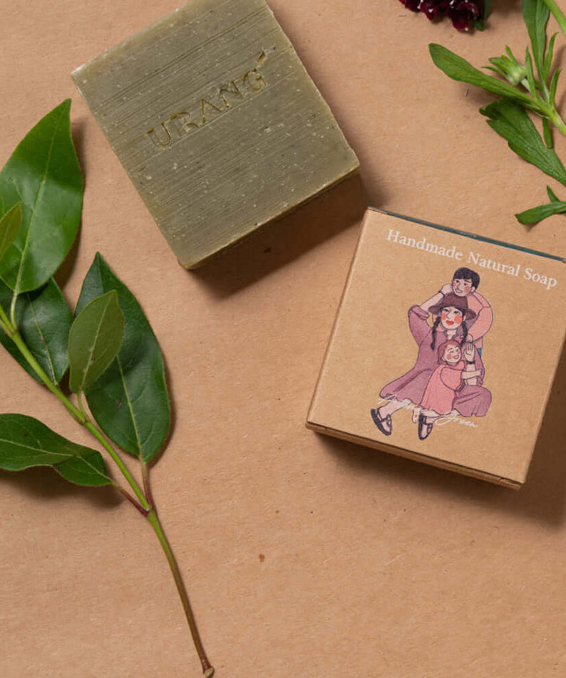 URANG Artmijia Green CP Handmade Soap on a natural background with foliage
