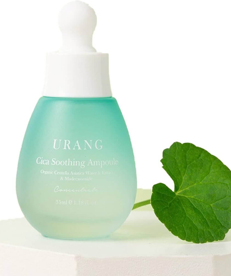 Image of URANG Cica Soothing Ampoule bottle with green leaf, focusing on skincare benefits.