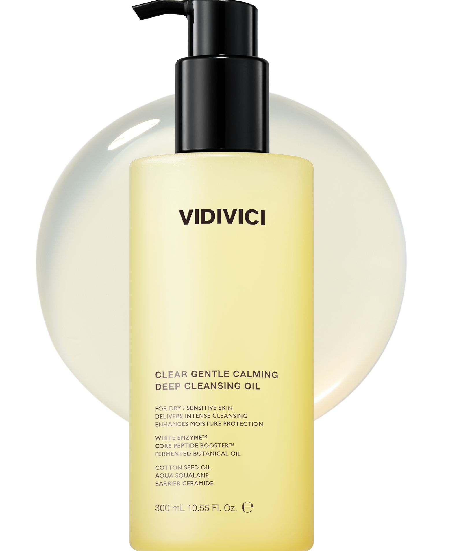 Bottle of VIDIVICI Clear Gentle Calming Deep Oil 300ml with pump dispenser for skincare.