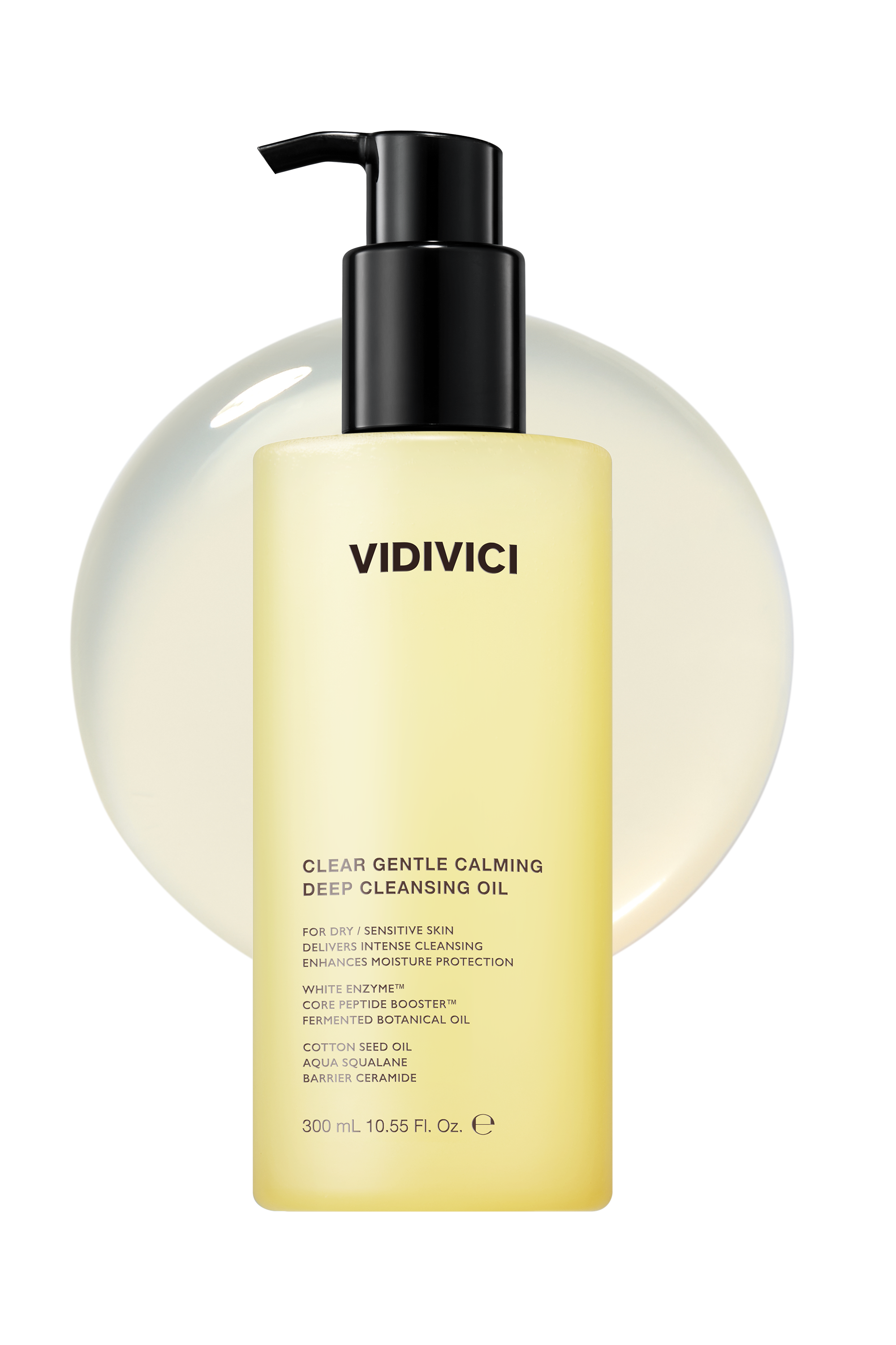 Bottle of VIDIVICI Clear Gentle Calming Deep Oil 300ml with pump dispenser for skincare.