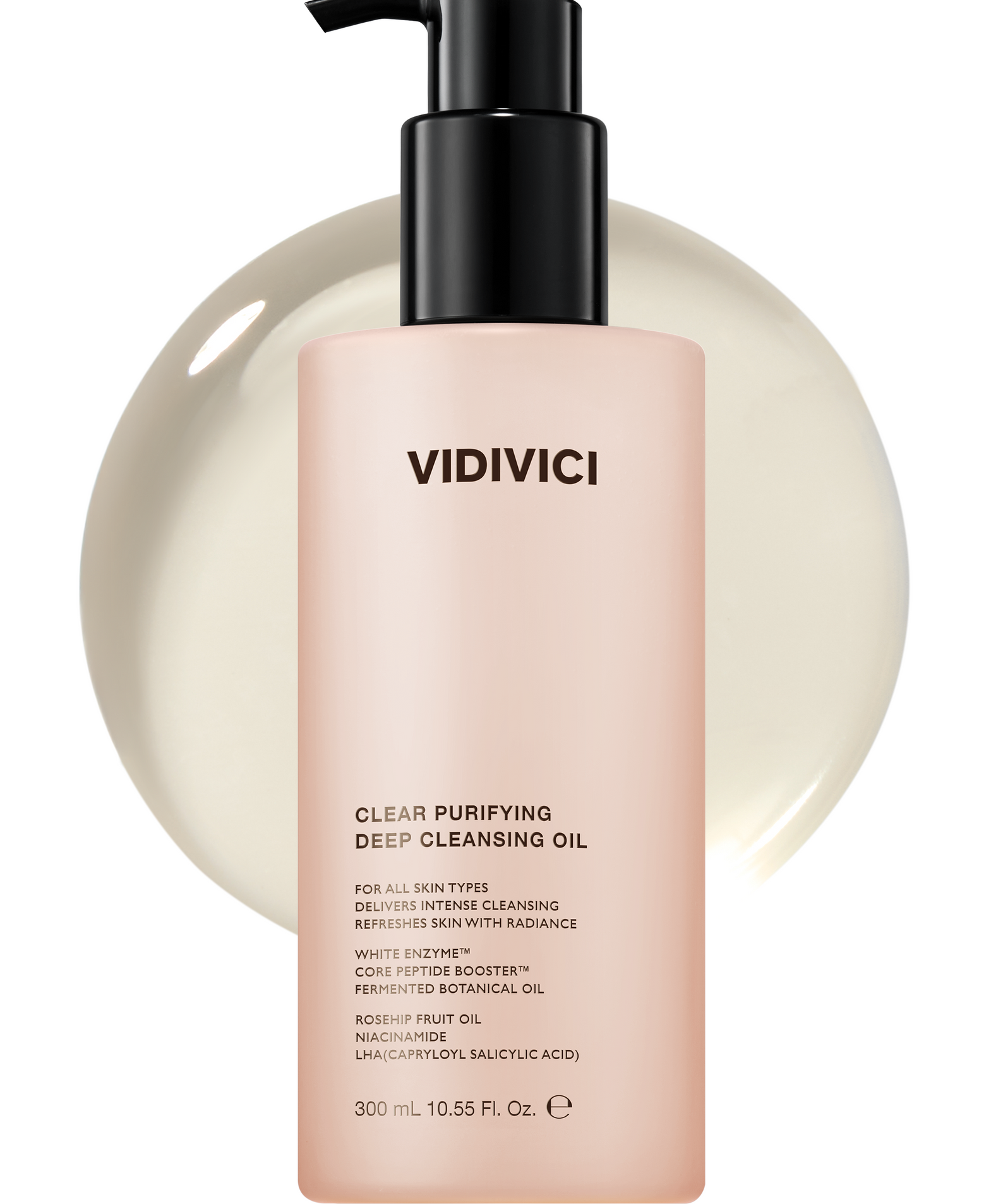 Bottle of VIDIVICI Clear Pureifying Deep Cleansing Oil 300ml with oil texture in the background.