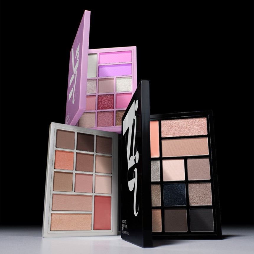 Three makeup sets featuring VIDIVICI The Palette showcasing a variety of eyeshadow colors in stylish packaging.
