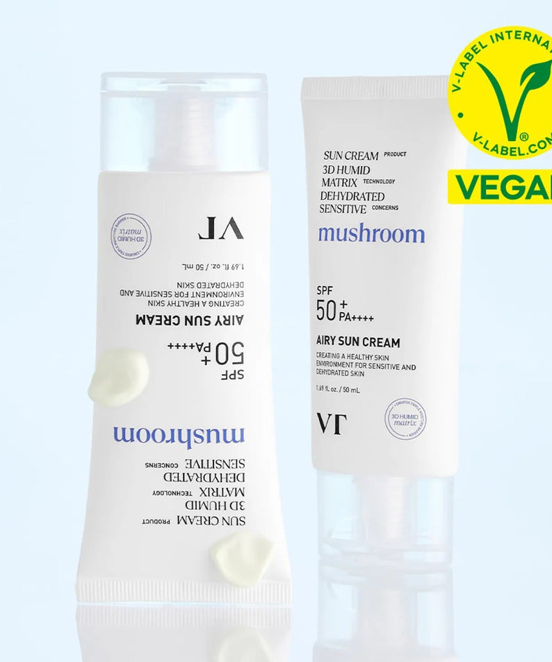 VT COSMETIC Airy Sunscreen 50ml with SPF 50 PA++++, vegan-certified sun protection for sensitive skin featuring mushroom essence.
