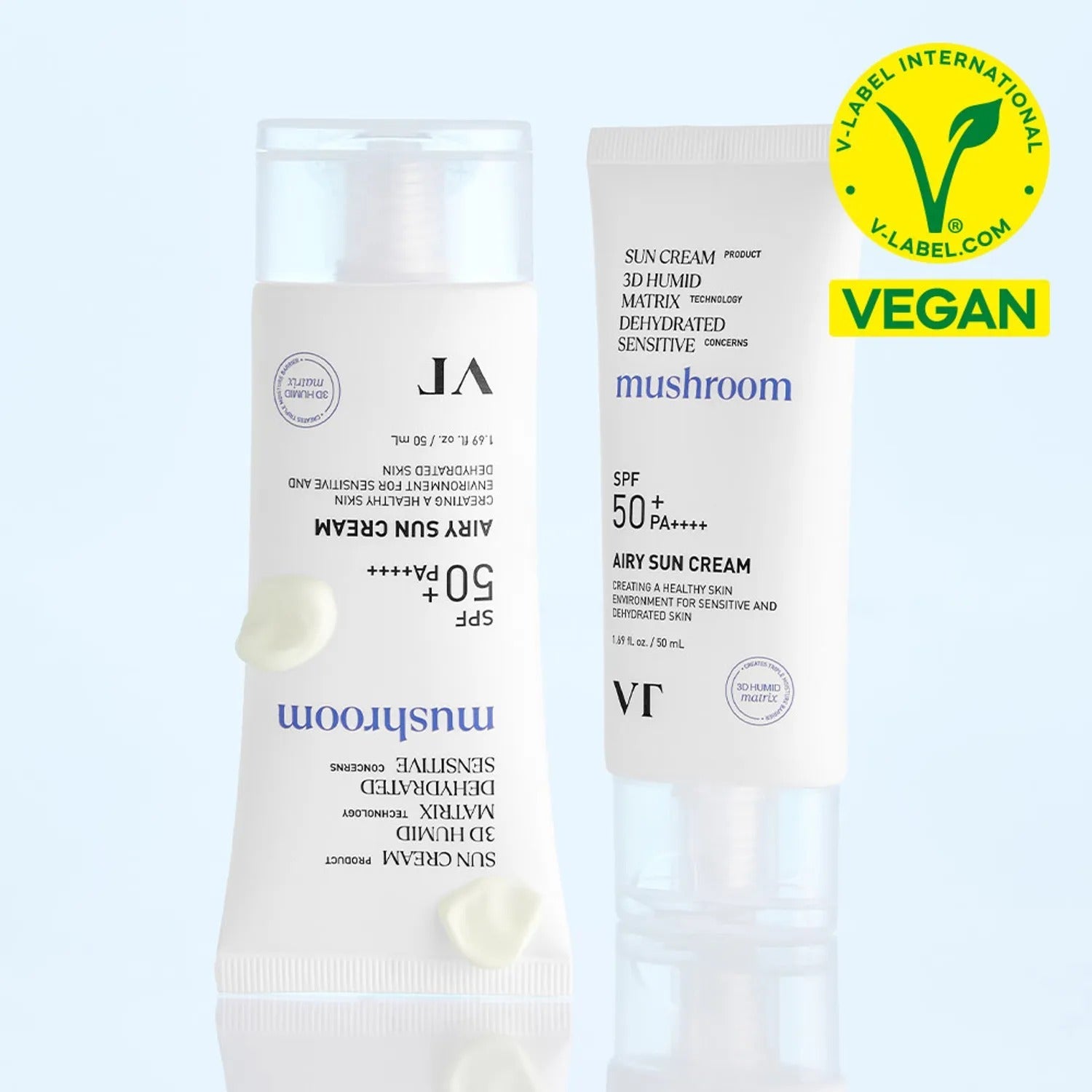 VT COSMETIC Airy Sunscreen 50ml with SPF 50 PA++++, vegan-certified sun protection for sensitive skin featuring mushroom essence.