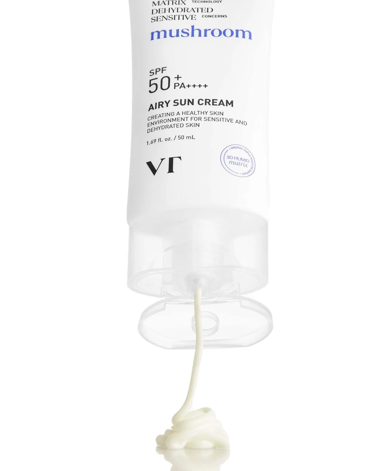 VT COSMETIC Airy Sunscreen 50ml bottle with cream flowing, SPF 50+ PA++++ for sensitive skin care.