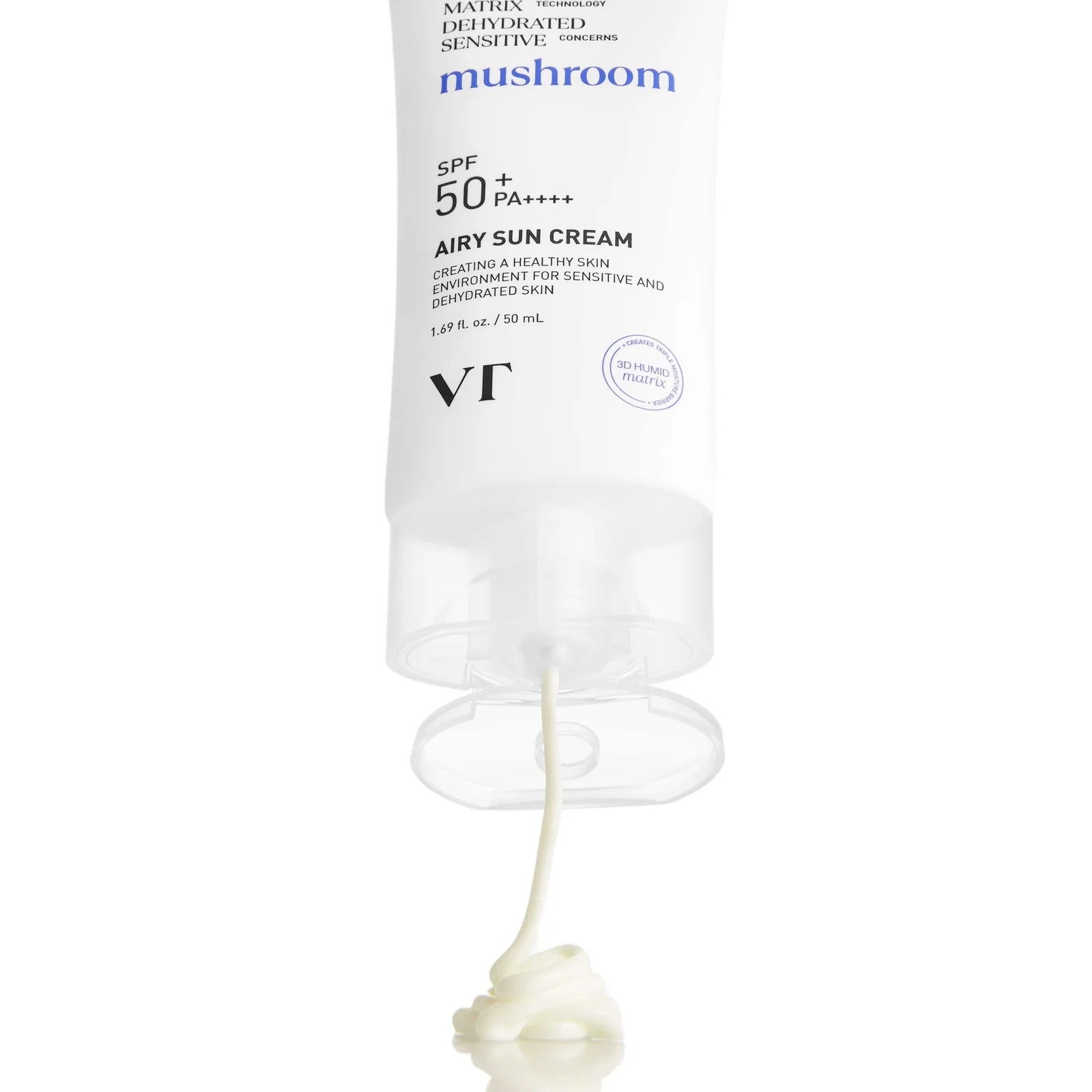 VT COSMETIC Airy Sunscreen 50ml bottle with cream flowing, SPF 50+ PA++++ for sensitive skin care.