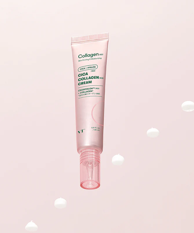 VT COSMETIC Cica Collagen Cream 30ml in a pink tube with a white background featuring floating cream dots