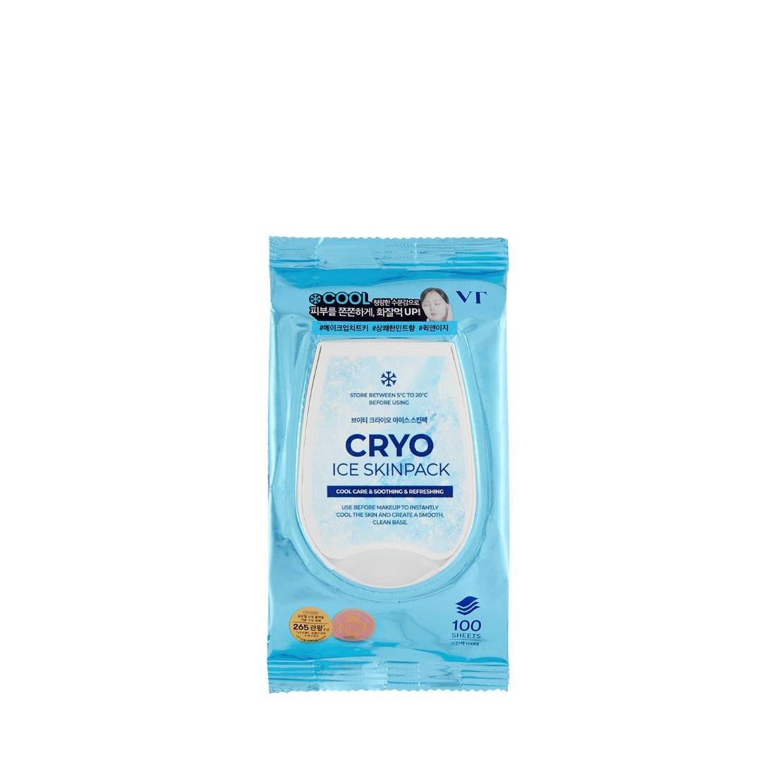 VT COSMETIC Cryo Ice Skin Pack 210g in blue packaging, designed to soothe and cool the skin effectively.