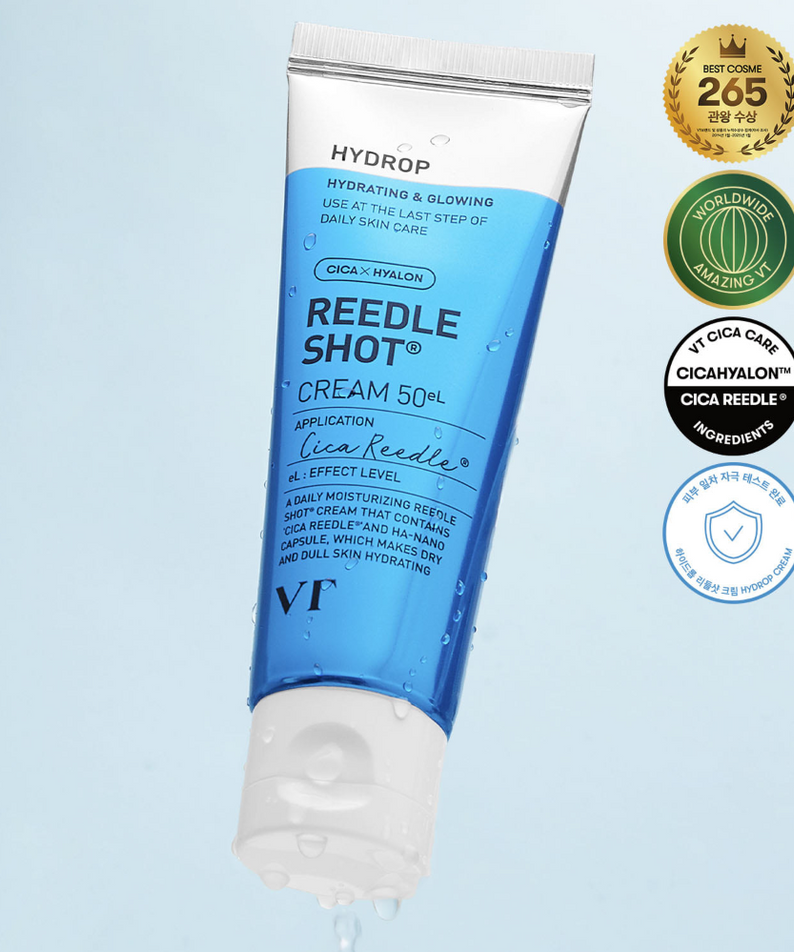 VT COSMETIC Hydro Riddleshot Cream 50g in blue tube with awards displayed, hydrating skincare product.