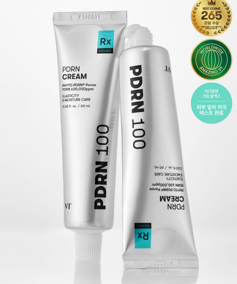 VT COSMETIC PDRN Cream RX 60ml tubes with product awards and certifications displayed
