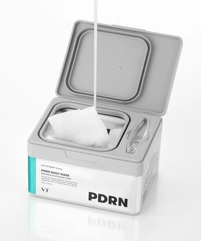 VT COSMETIC PDRN Daily Mask 30 Sheets in a box with sheet being pulled out, skincare product