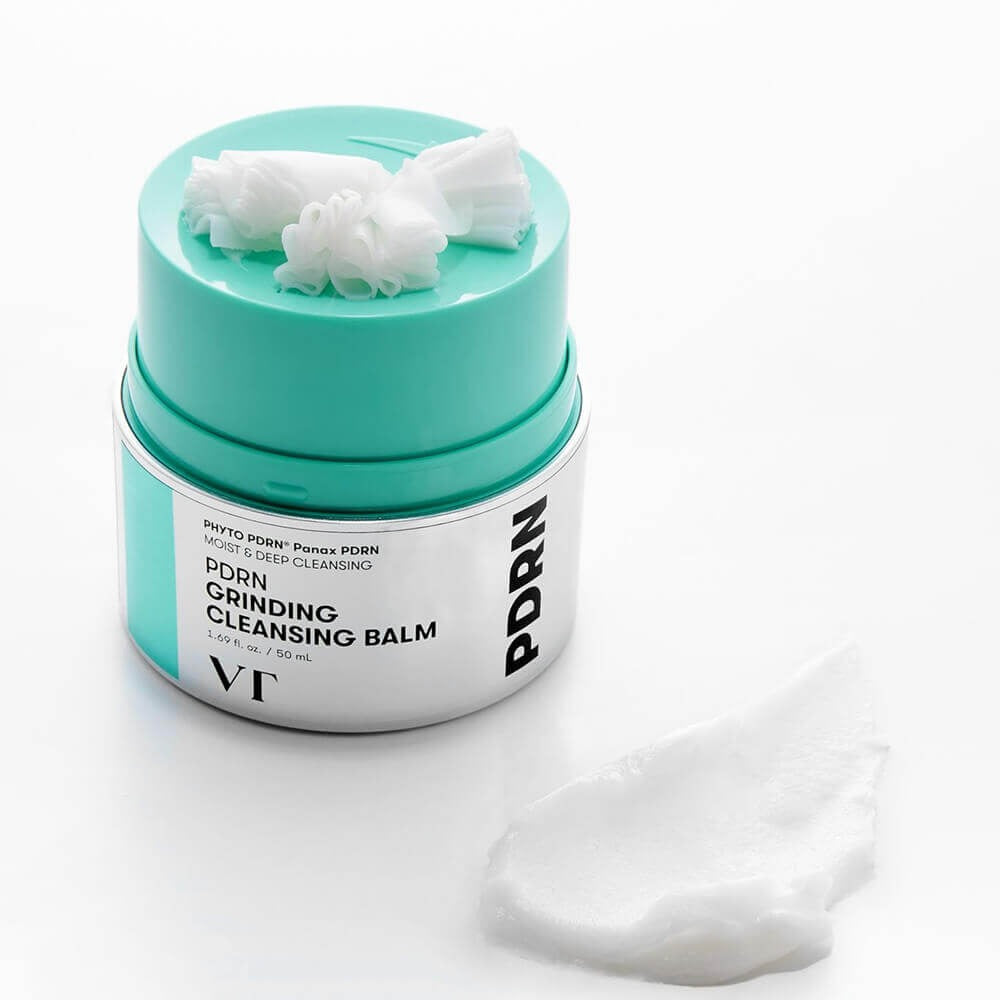 VT COSMETIC PDRN Grinding Cleansing Balm 50ml with open lid and visible texture of the balm.