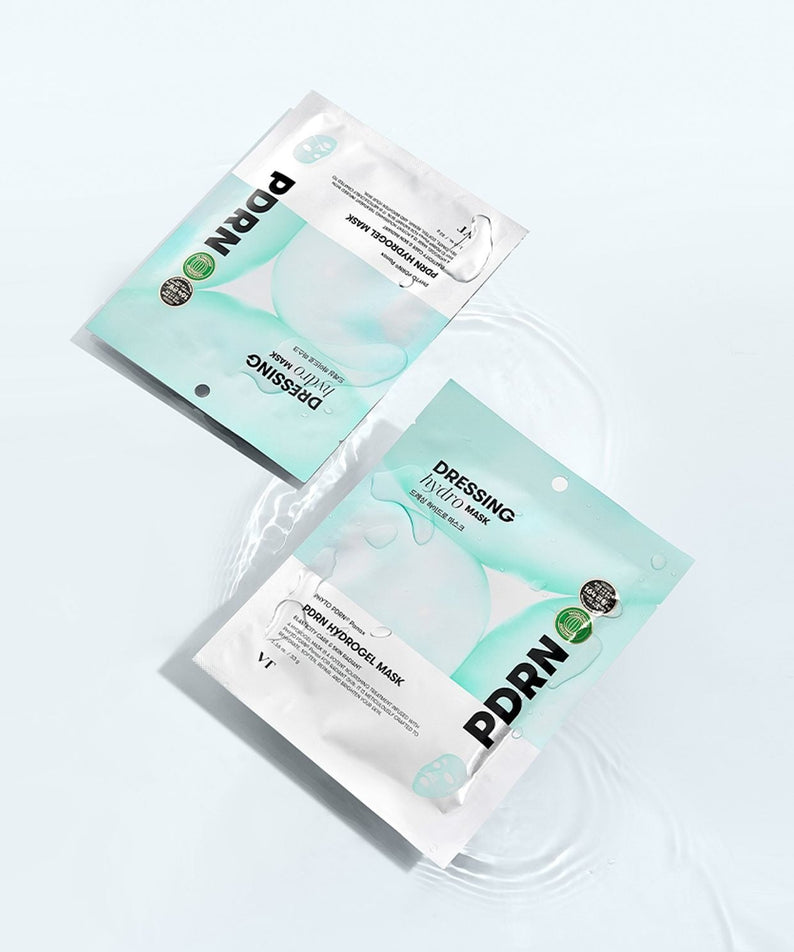 VT COSMETIC PDRN Hydrogel Mask 4 Pack on a light blue background