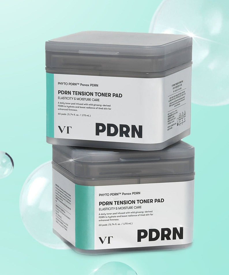 VT COSMETIC PDRN Tension Toner Pads 60 Sheets featuring stack of two containers with product branding on a light blue background.