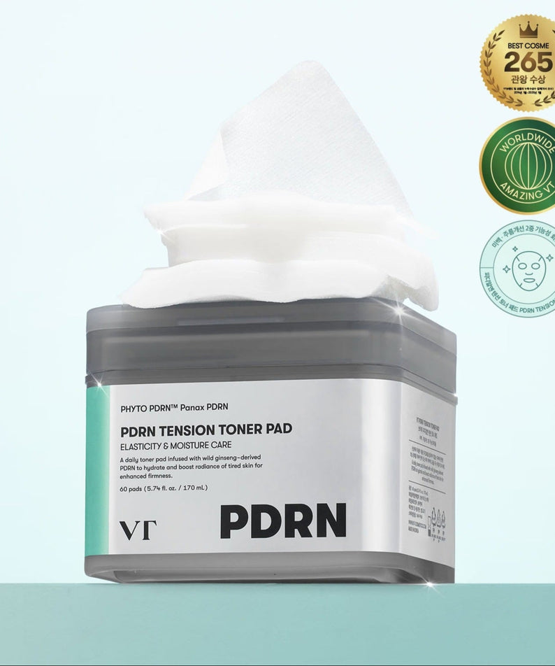 VT COSMETIC PDRN Tension Toner Pads 60 Sheets displayed with product awards.