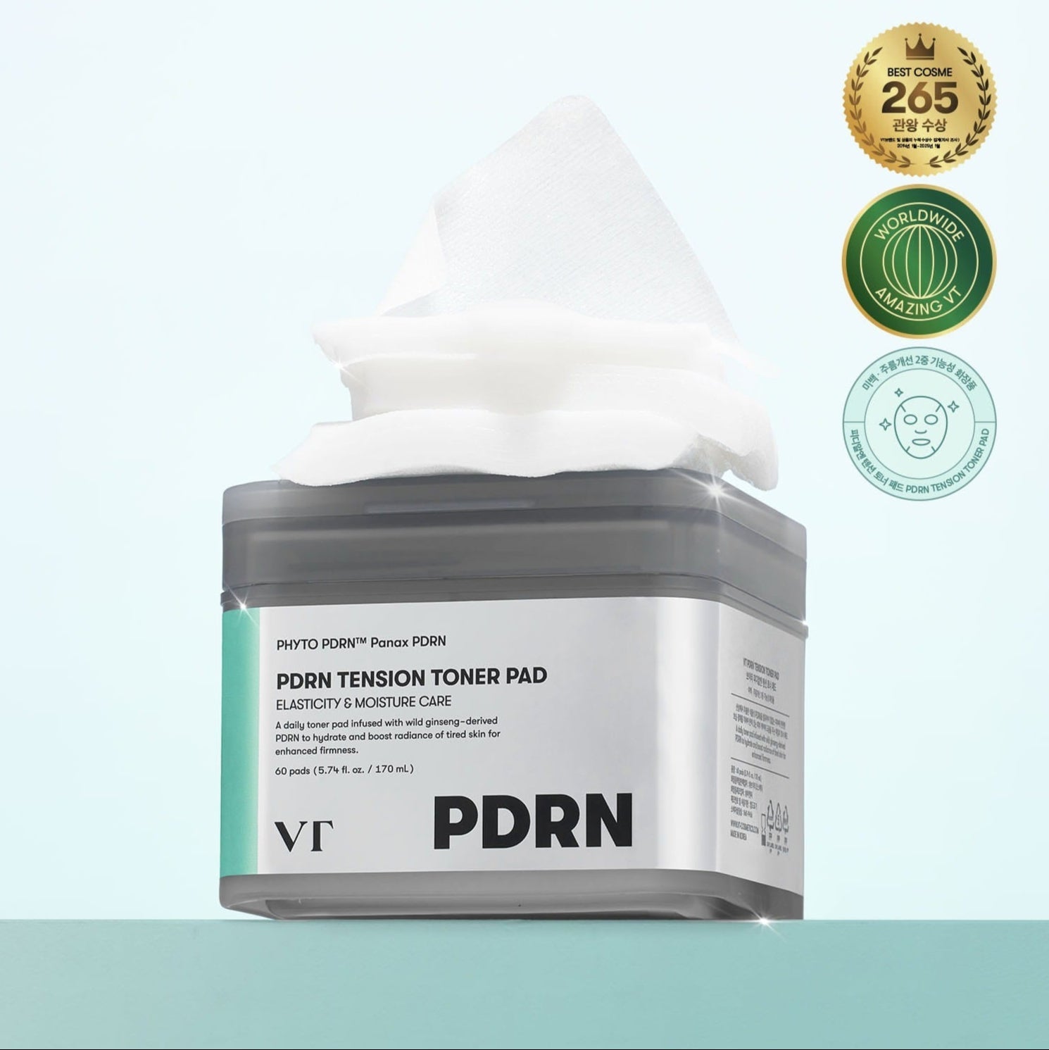 VT COSMETIC PDRN Tension Toner Pads 60 Sheets displayed with product awards.