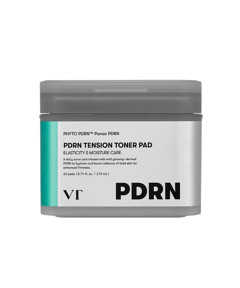 VT COSMETIC PDRN Tension Toner Pads 60 Sheets in a white and gray jar, designed for elasticity and moisture care.