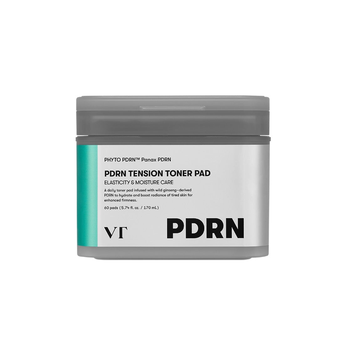 VT COSMETIC PDRN Tension Toner Pads 60 Sheets in a white and gray jar, designed for elasticity and moisture care.
