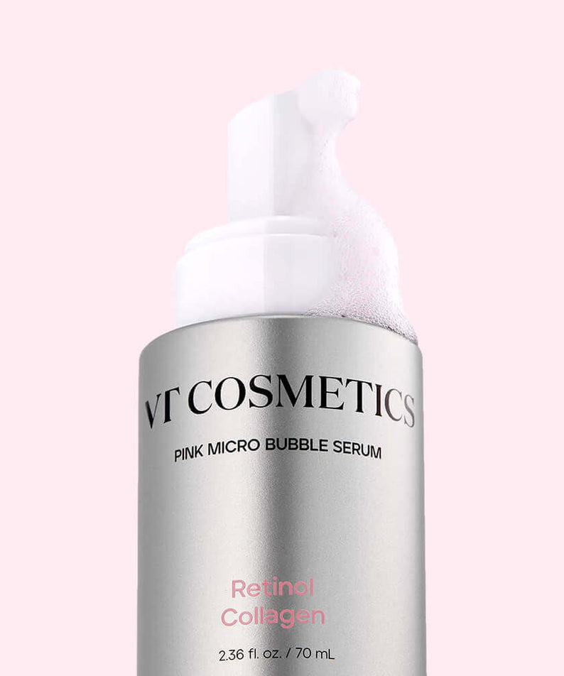 VT COSMETIC Retinol Collagen Pink Microbubble Serum 70ml bottle with foam detail