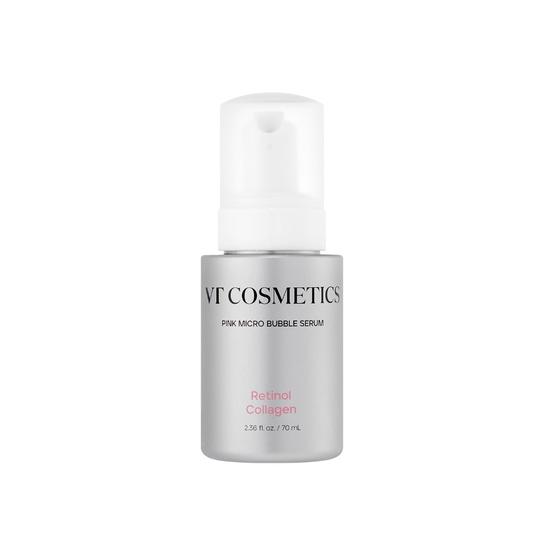 VT COSMETIC Retinol Collagen Pink Microbubble Serum 70ml bottle with pump dispenser, skincare product for anti-aging and hydration.
