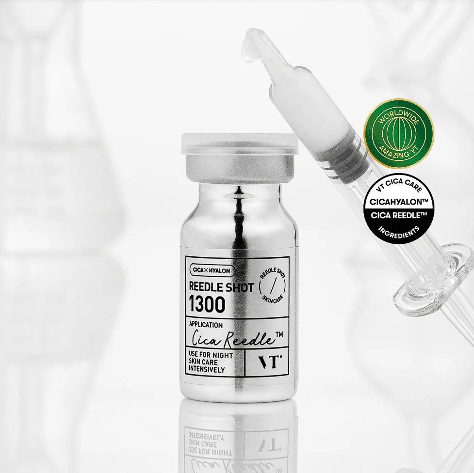 VT COSMETIC Riddle Shot 1300 8ml skincare product with syringe applicator and certification badges, ideal for intensive night use.