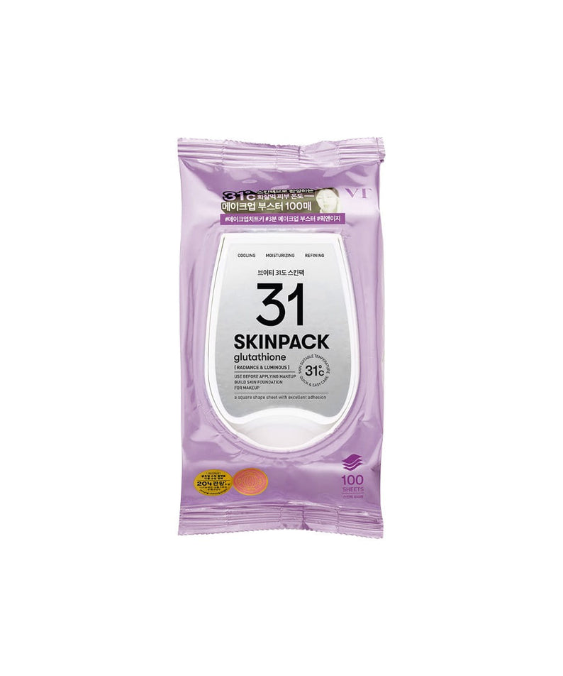 VT COSMETICS 31°C Skin Pack 100p 210g - skincare wipes with glutathione in a purple package