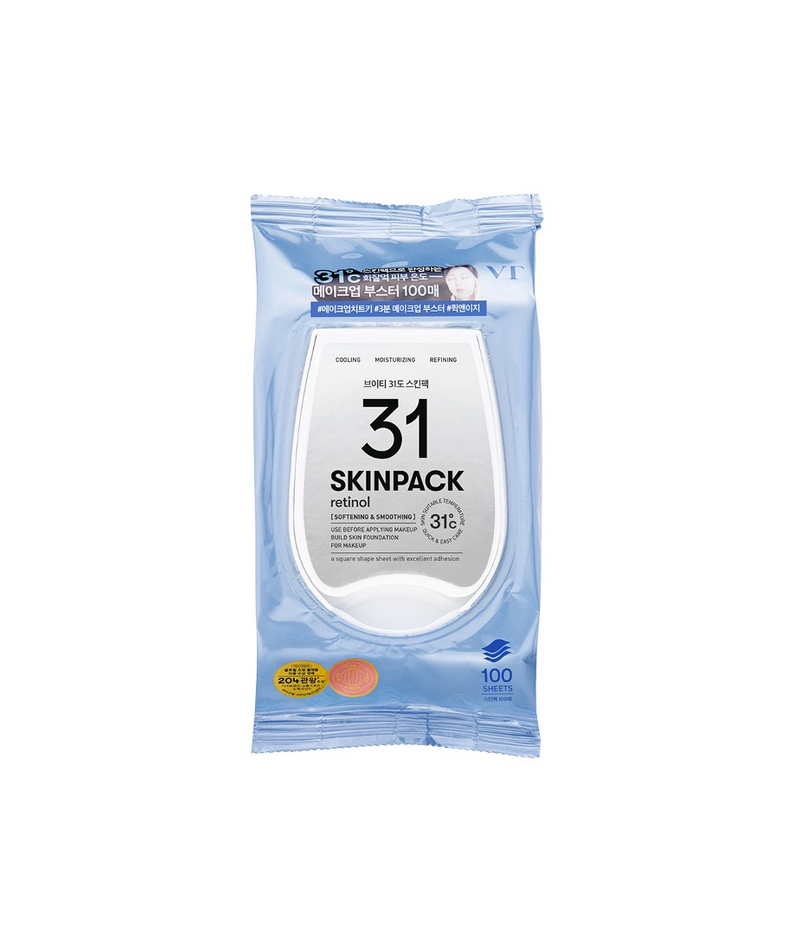 VT COSMETICS 31Â°C Skin Pack 100p 210g packaging with product details and retinol emphasis in blue wrapper.