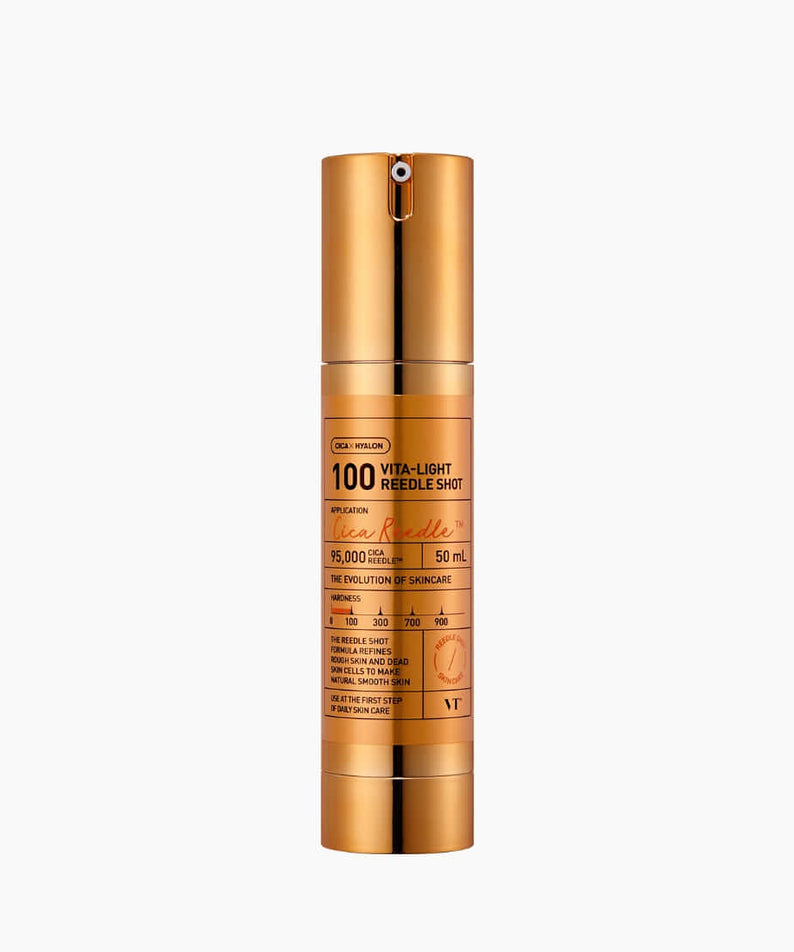 VT COSMETICS Vita-Light Reedle ShotÂ® serum bottle with golden packaging, 100ml skincare product for brightening and rejuvenation.