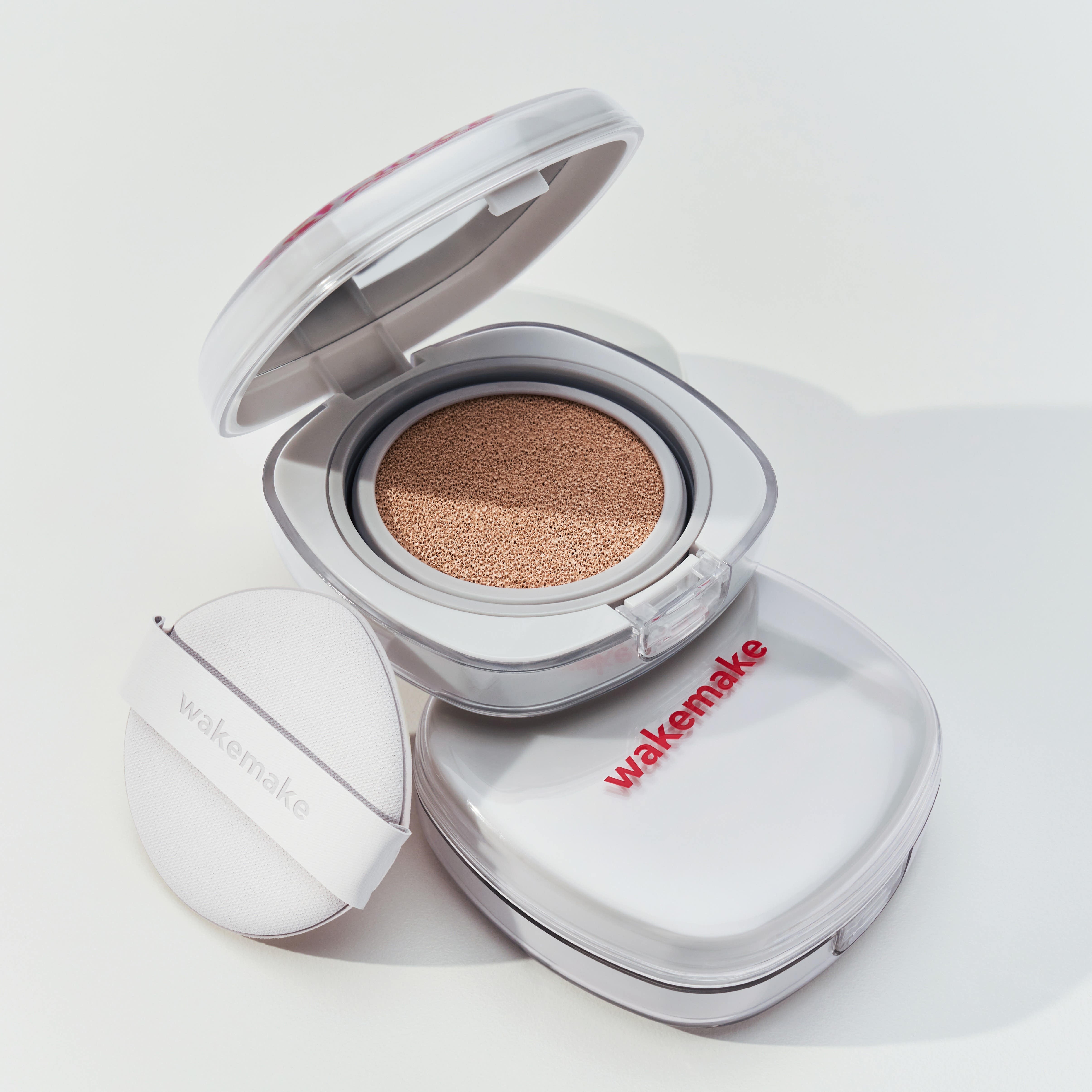 WAKE MAKE Seamless Wear Cushion 15g opened to show cushion texture, highlighting makeup compact design