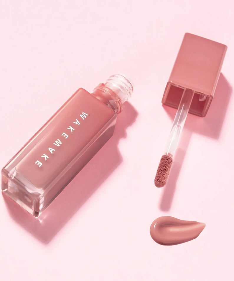 WAKE MAKE Sheer Glow Liquid Blusher 7g with applicator on a pink background