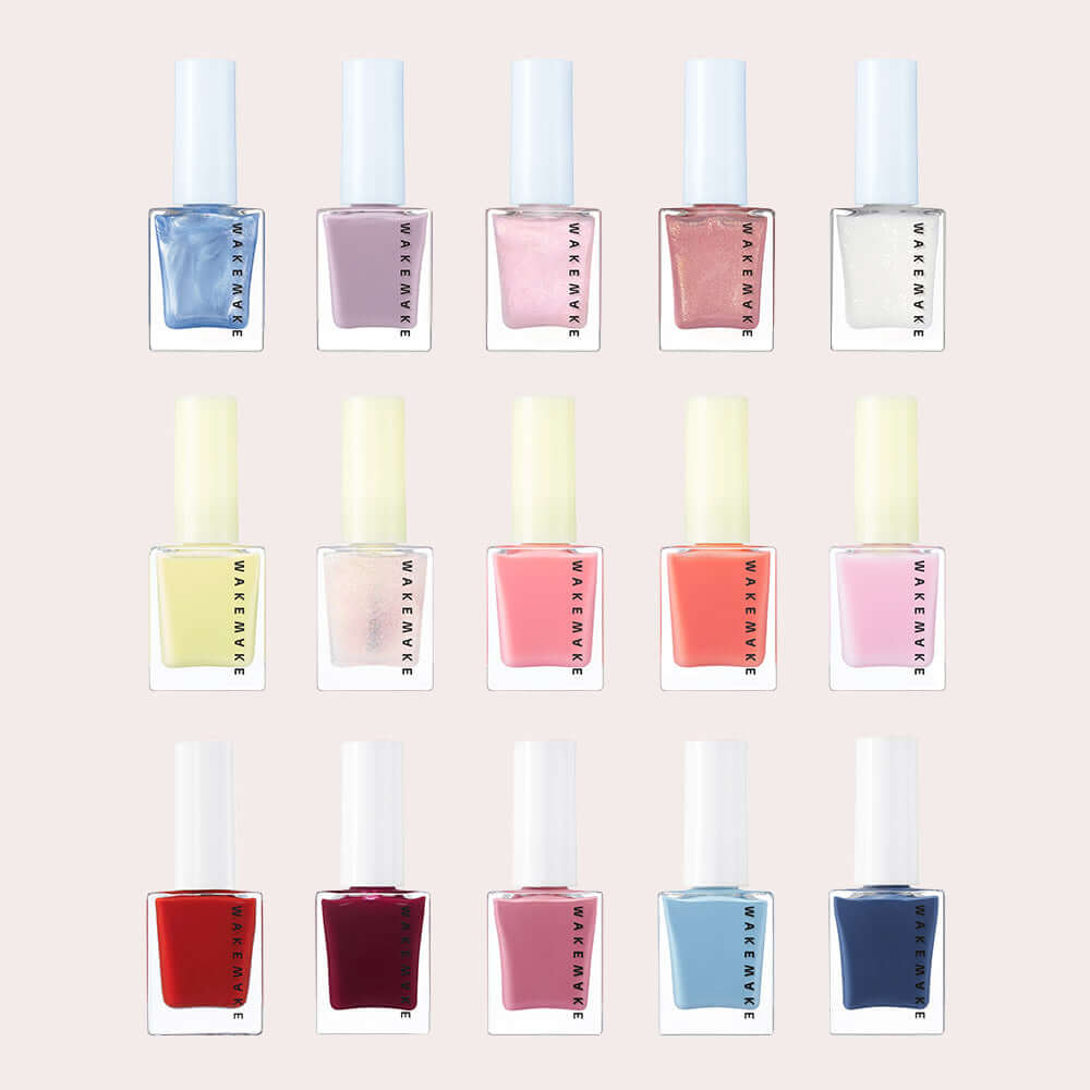 WAKEMAKE Nail Gun (#08 to #167) collection featuring diverse nail polish shades in chic bottles on display.