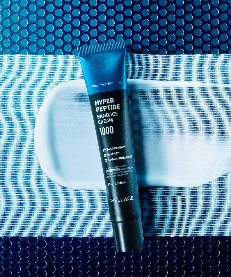 WELLAGE Hyper Peptide Bandage Cream 50ml tube on textured background, showcasing skincare product.