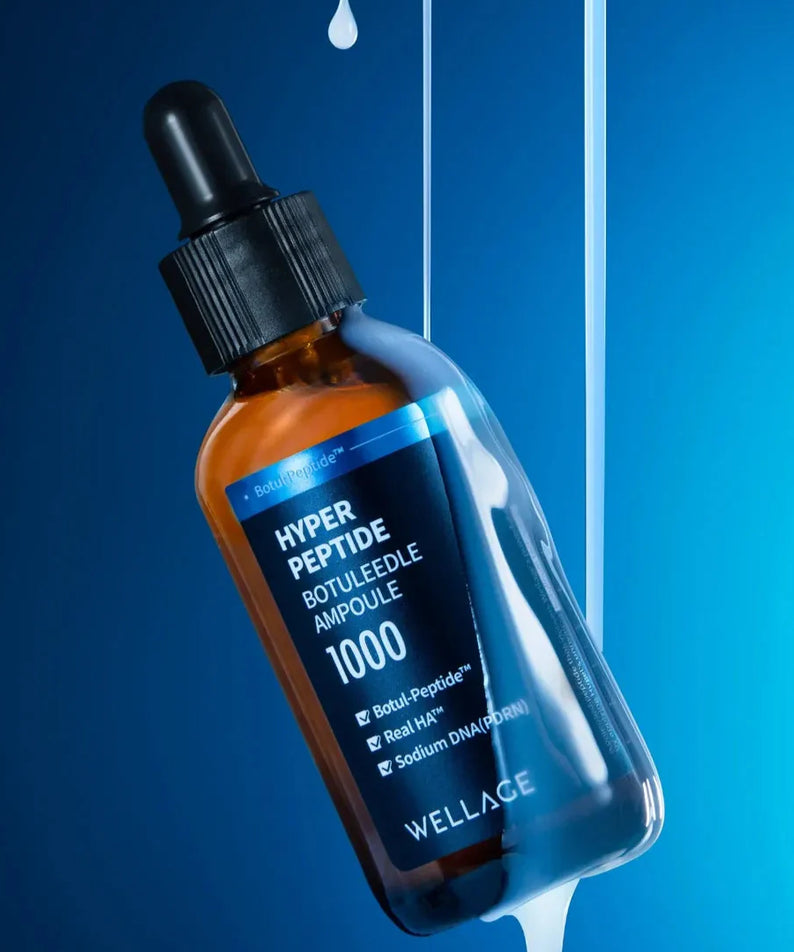 WELLAGE Hyper Peptide Botulinum Ampoule 50ml with blue background and dropper for skincare.