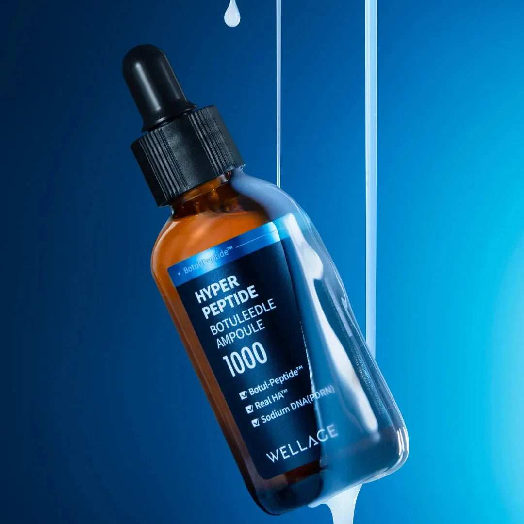 WELLAGE Hyper Peptide Botulinum Ampoule 50ml with blue background and dropper for skincare.