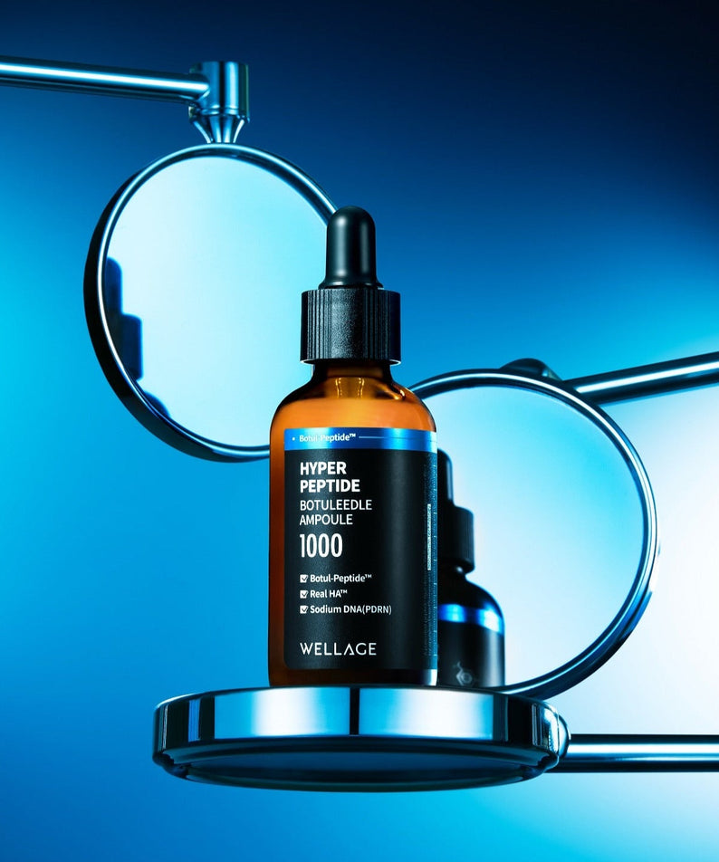 WELLAGE Hyper Peptide Botulinum Ampoule 50ml product bottle displayed with mirrors reflecting blue light.