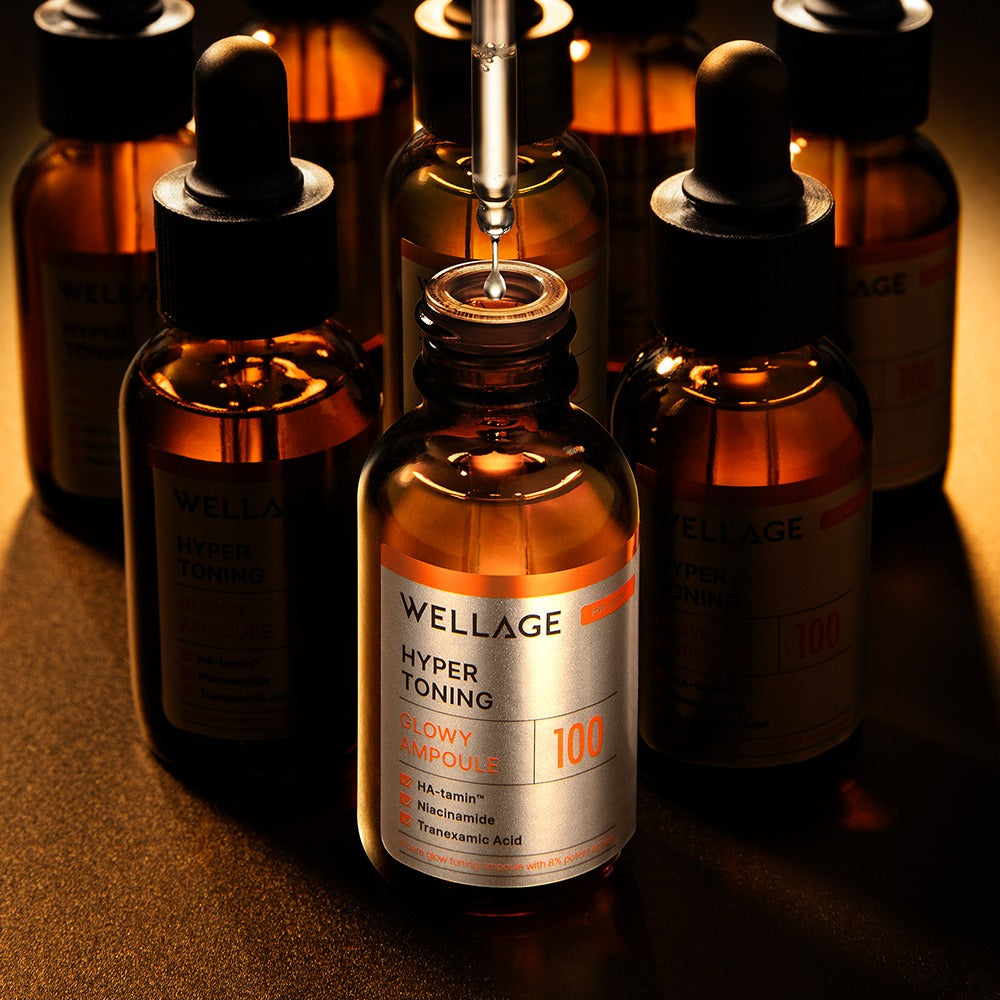 WELLAGE Hyper Toning Glow Ampoule 30ml bottle with dropper, skincare product.