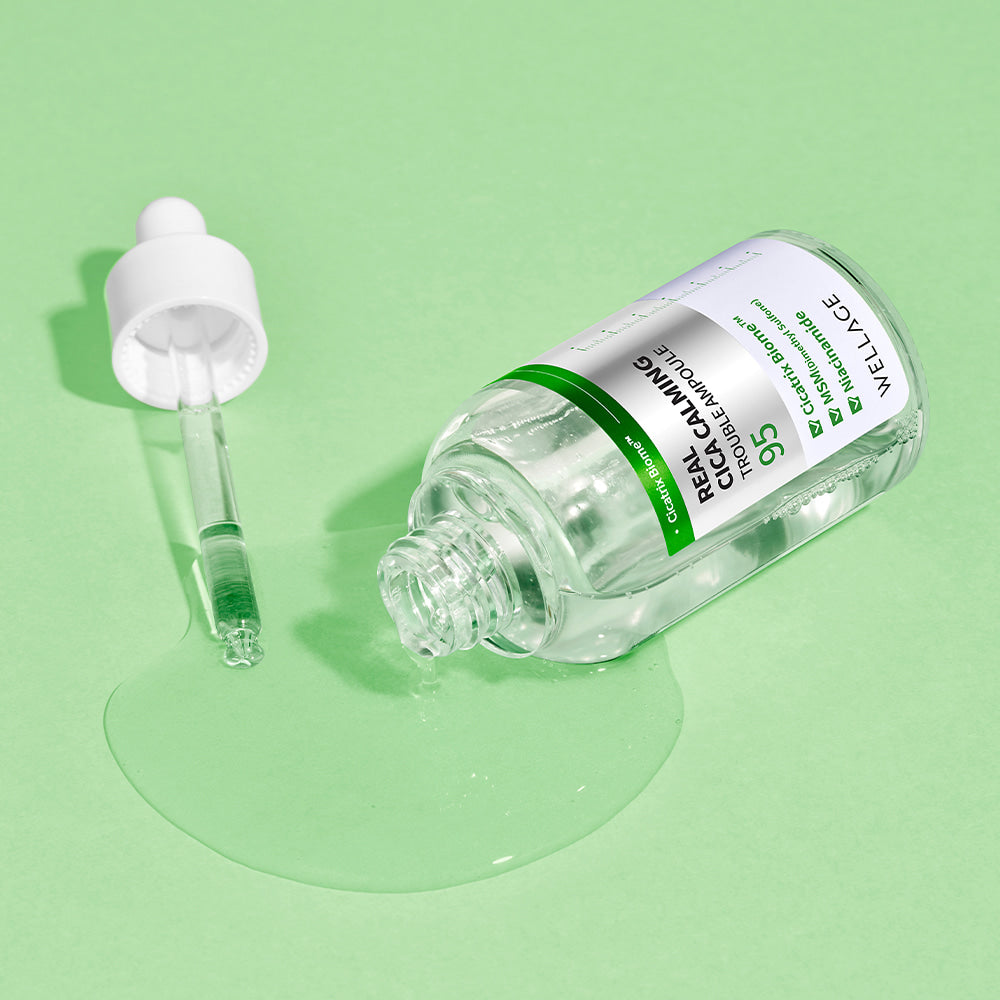 WELLAGE Real Cica Calming 95 Trouble Ampoule 50ml with dropper on green background