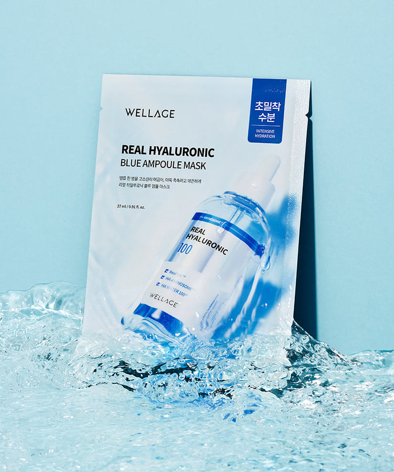 WELLAGE Real Hyaluronic Blue Ampoule Mask 5 Sheets on a blue background with water effect
