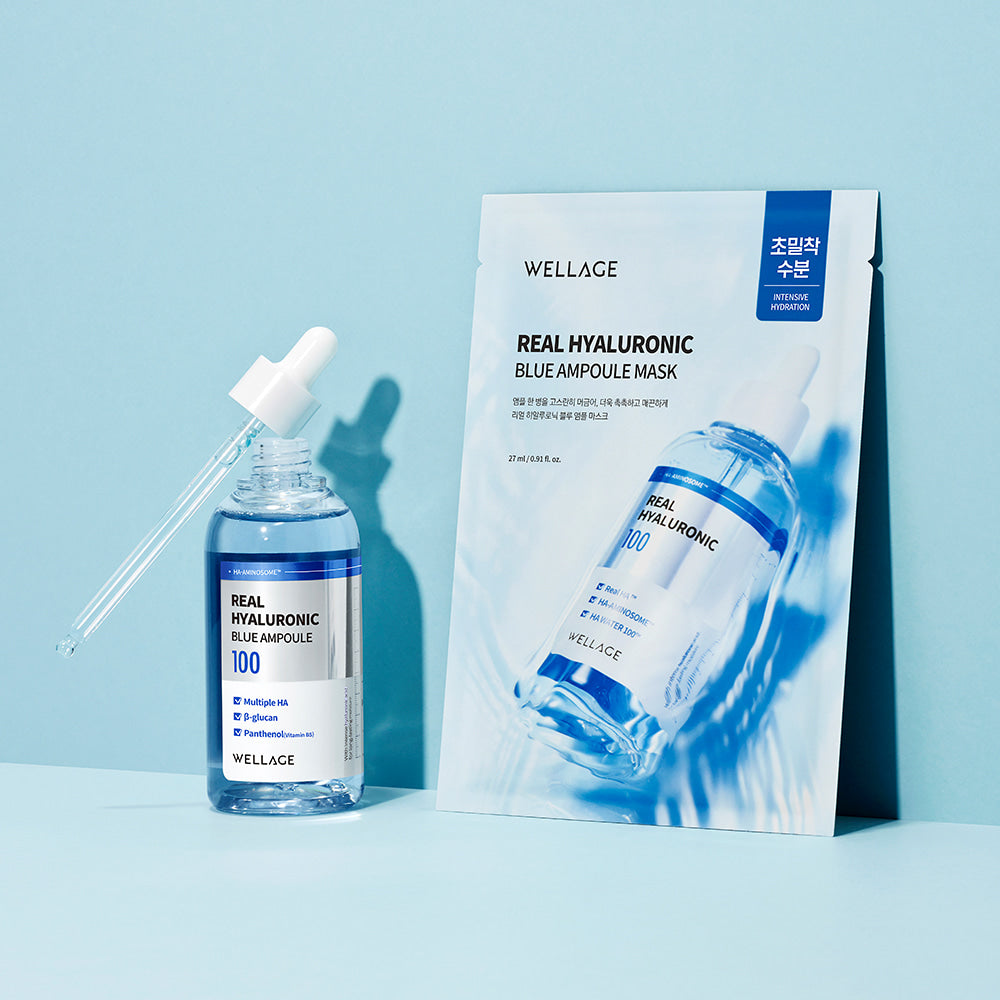 WELLAGE Real Hyaluronic Blue Ampoule Mask 5 Sheets displayed with ampoule and packaging on a blue background