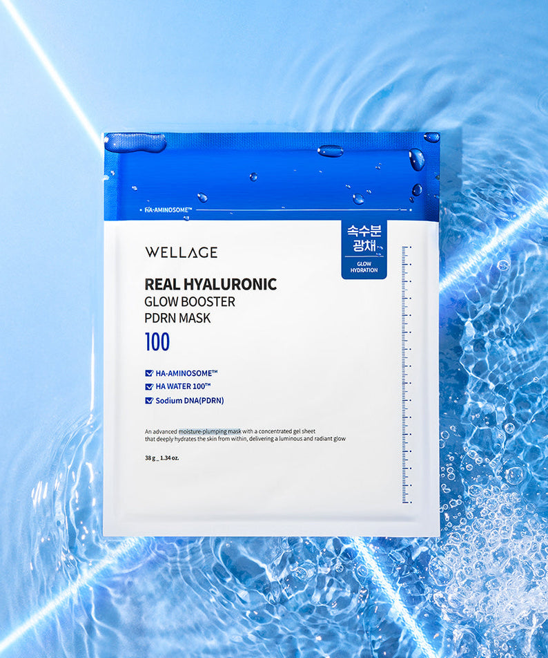 WELLAGE Real hyaluronic Glow Booster PDRN Mask 5 Sheets on blue water background, beauty skincare product packaging
