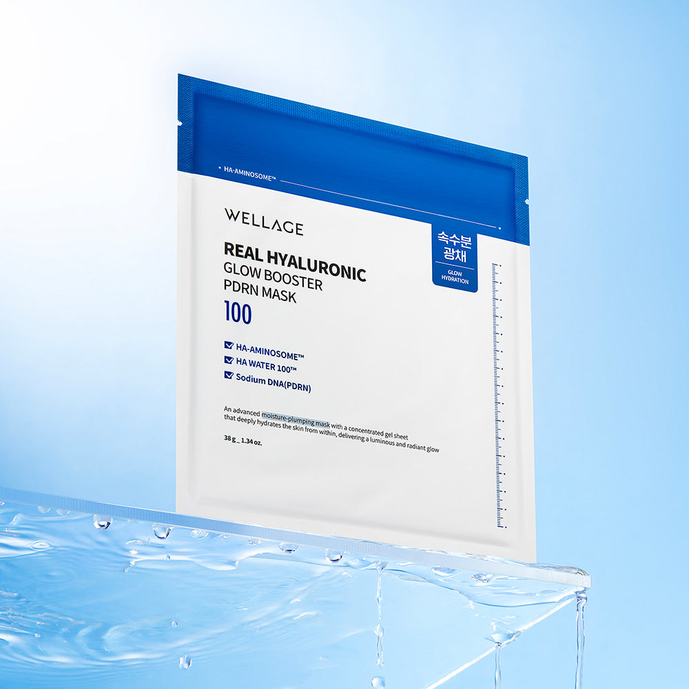 WELLAGE Real hyaluronic Glow Booster PDRN Mask 5 Sheets on a clear surface with a blue gradient background.