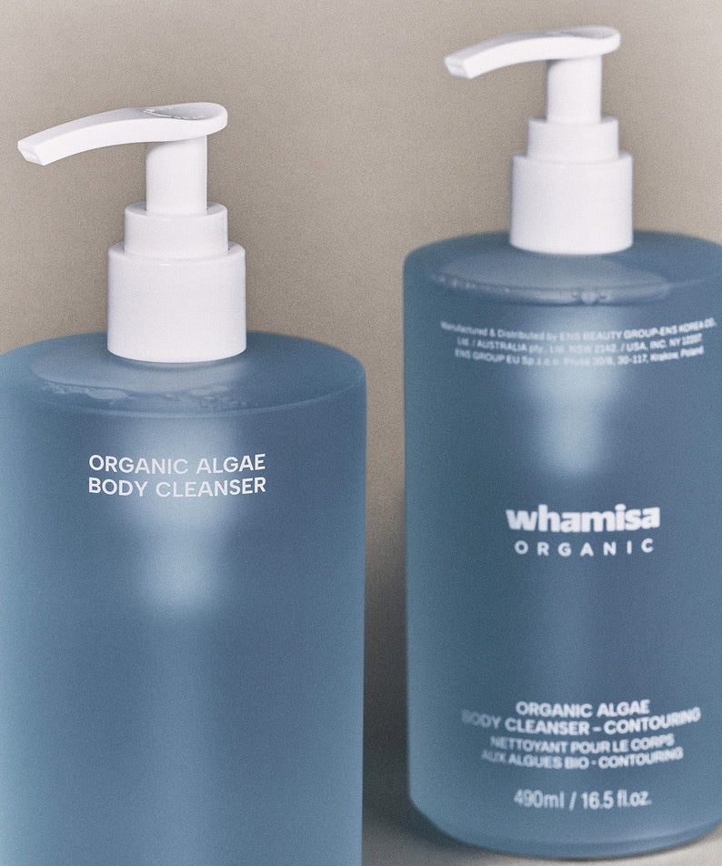 WHAMISA Organic Algae Fermented Body Cleanser 490ml bottles with pump dispensers on display