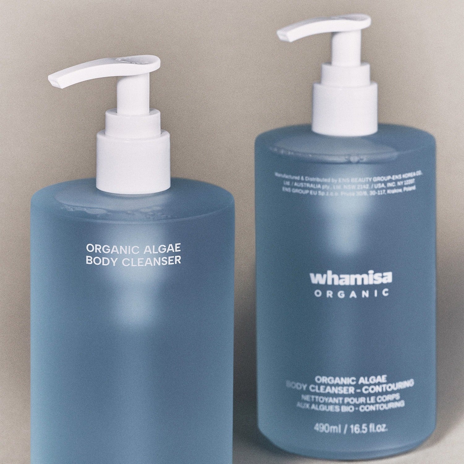 WHAMISA Organic Algae Fermented Body Cleanser 490ml bottles with pump dispensers on display