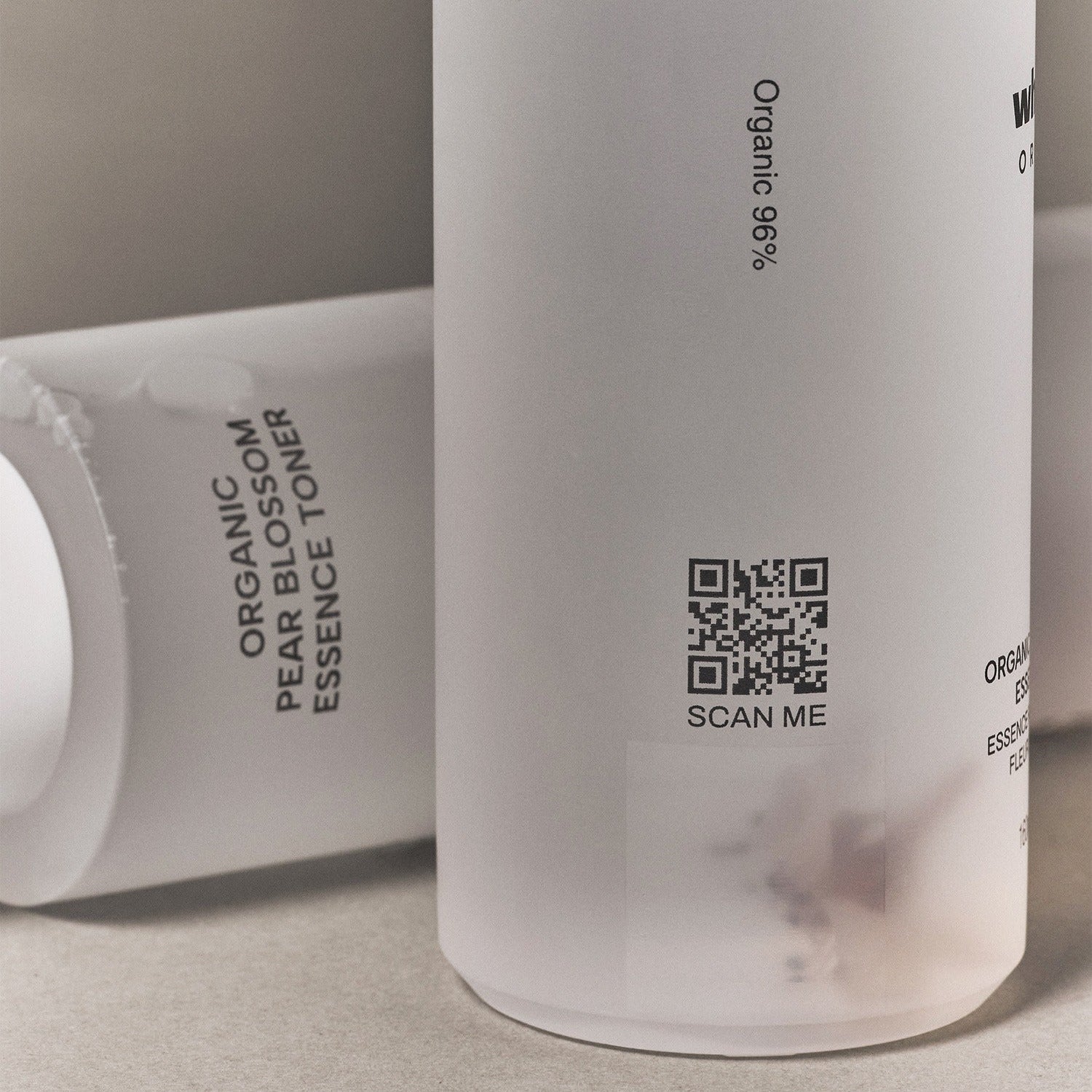 WHAMISA Organic Pear Blossom Fermented Essence Toner 160ml bottle with label and QR code for organic skincare.