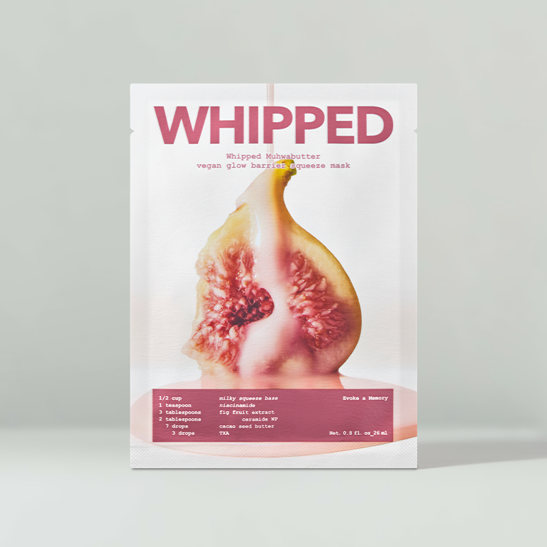 Image of WHIPPED Butter Vegan Glow Barrier Squeeze Mask 1ea packaging with fig illustration.