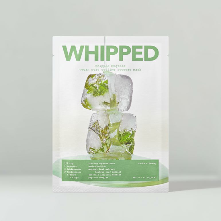 WHIPPED Mugtree Vegan Pore Cooling Squeeze Mask 1ea packaging with ice cubes and green leaves design.